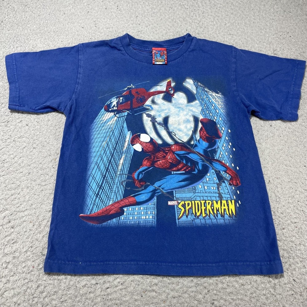 Vintage Marvel Shirt Kids Medium Blue Spider-Man Graphic Superhero Tee 2000s